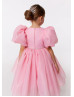 Puff Sleeves Organza Flower Girl Dress With Beaded Sash